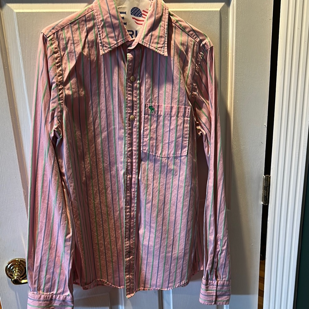Abercrombie & Fitch Pink with green and blue Striped Men's Shirt